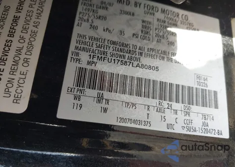 2007 Ford Expedition Eddie Bauer from USA, damaged, VIN 1FMFU17587L180805